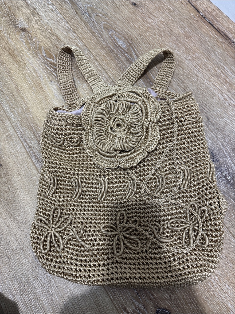 Vintage Handcrafted Beige Crochet backpack with Floral Accent